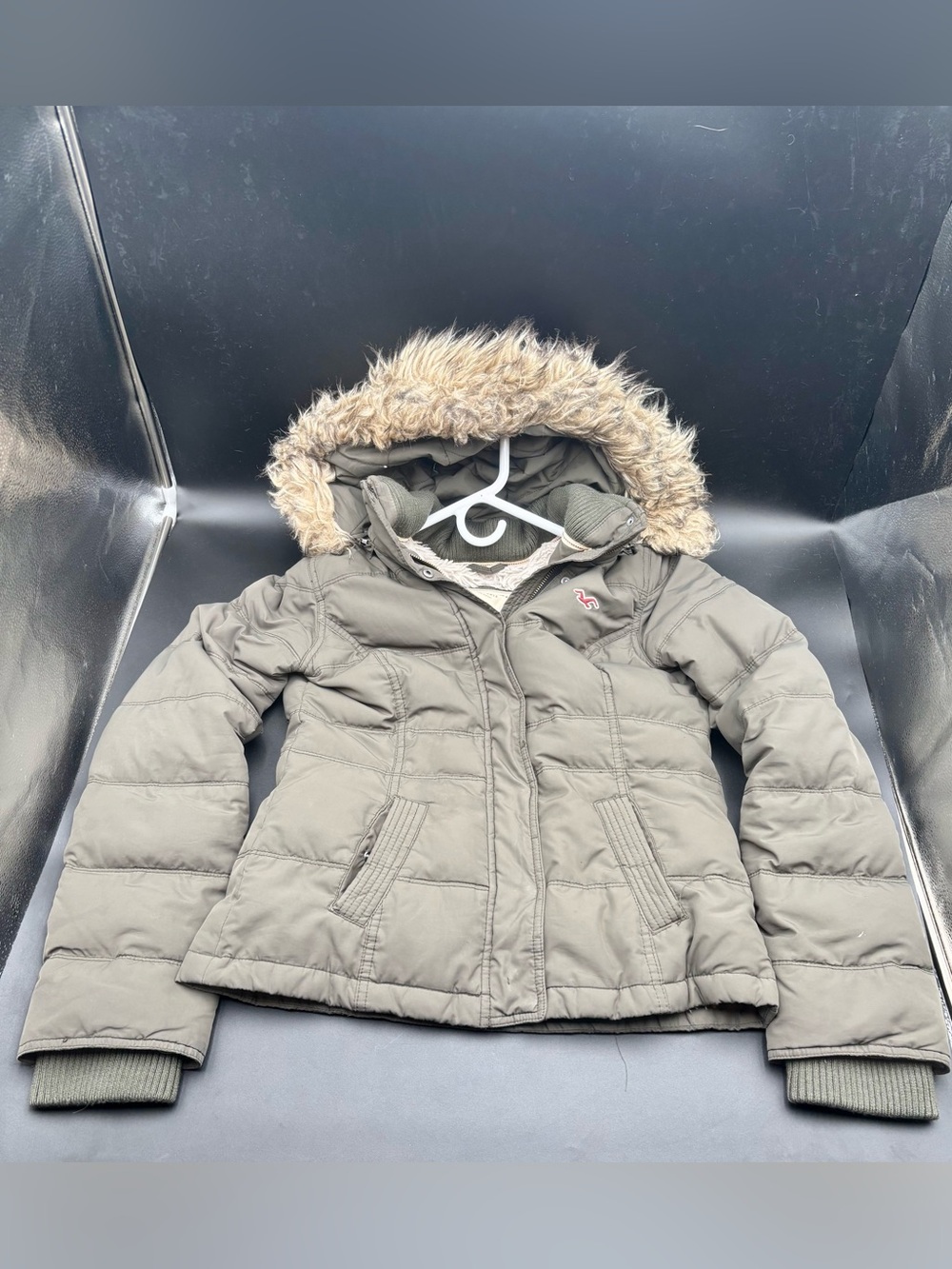 Hollister Co. Vintage Y2K Down Faux Fur Hooded Puffer Jacket Olive Green L